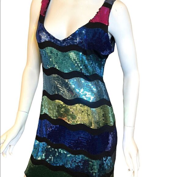Frederick’s  of Hollywood Bright Color Block Sequin Tank Slip Mini Dress L Neon - Picture 8 of 15